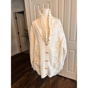 Handmade Crochet Cardigan Ivory Cableknit Chunky High Collar Luxury Toggle 2XL
